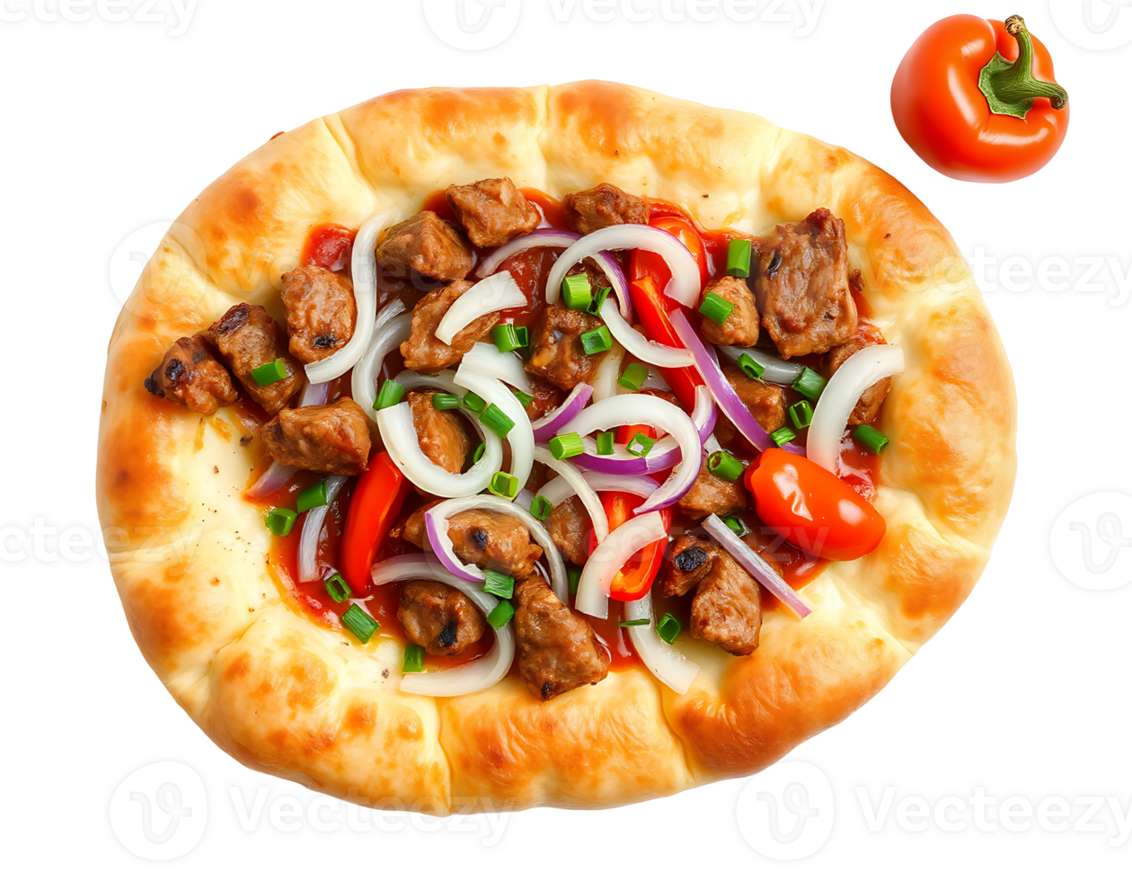 Pizza with meat, red peppers, onions and tomatoes png