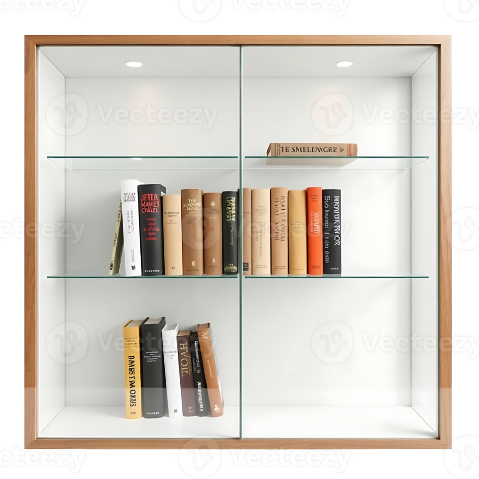 Modern Bookshelf with Glass Doors and a Collection of Books png