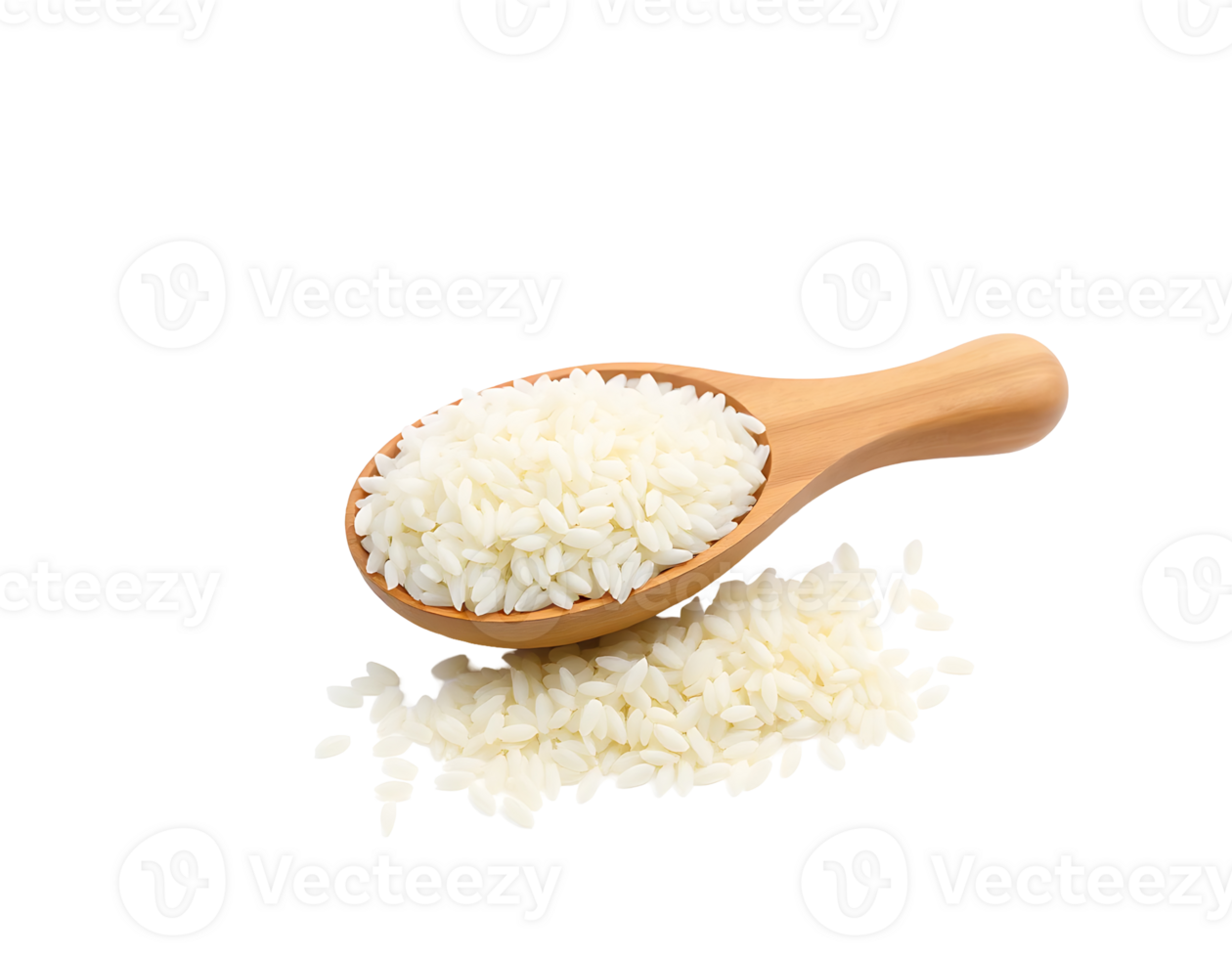 Wooden spoon filled with uncooked white rice. png