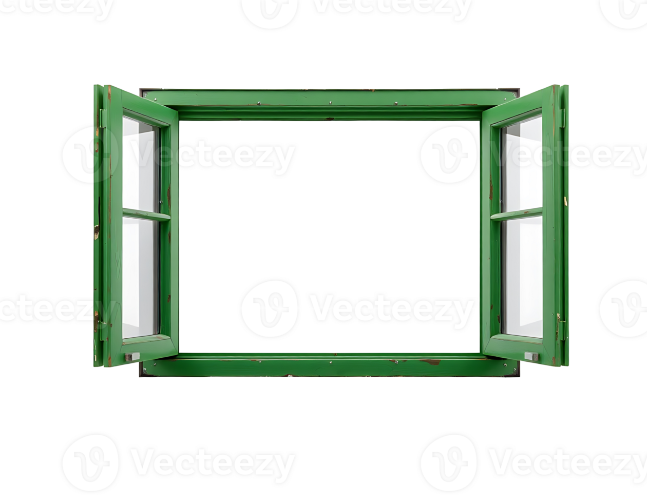 Green open window with wooden frame isolated on a transparent background png