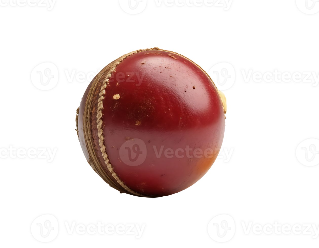 Close-up of a red cricket ball with visible stitches, isolated on a transparent background png