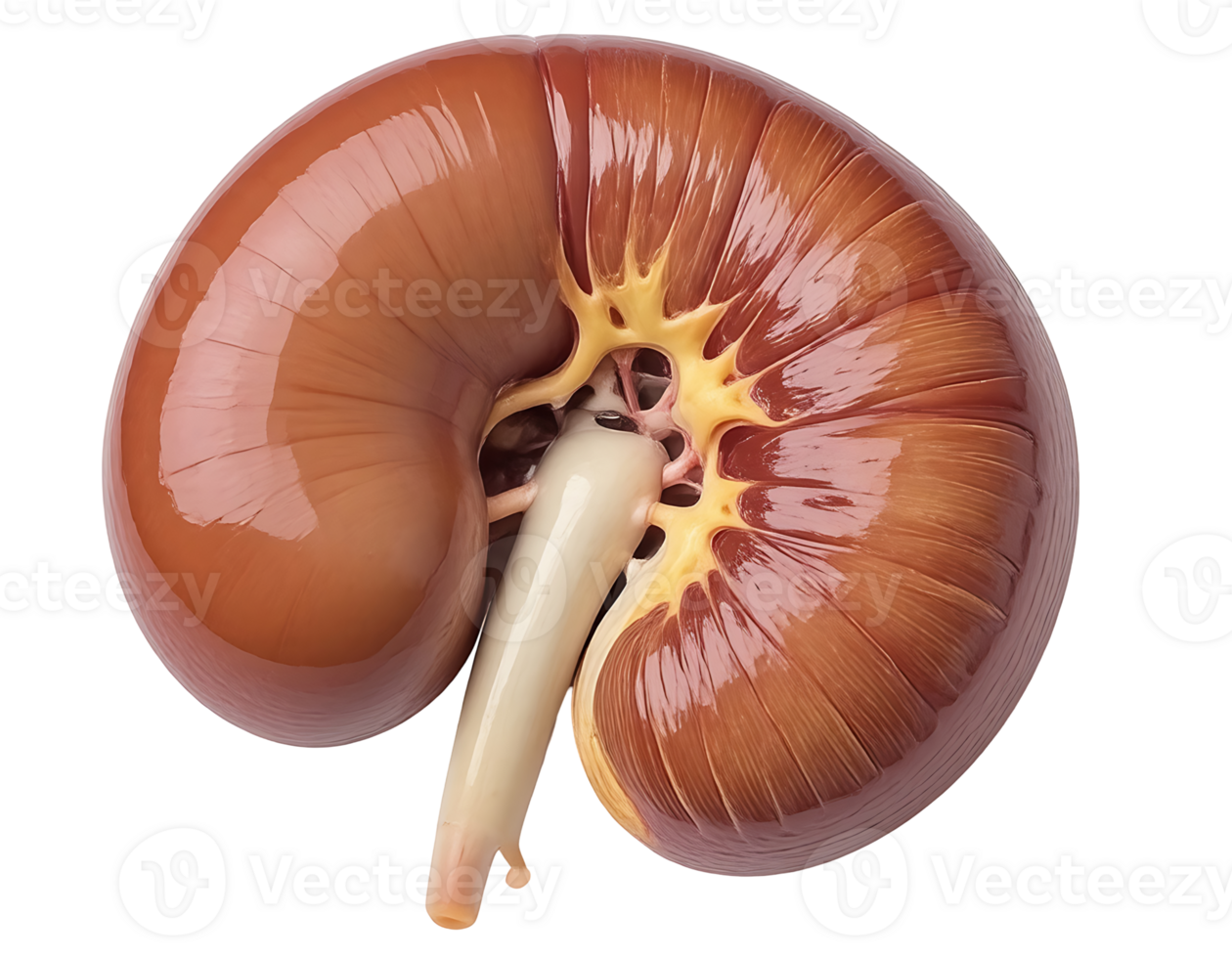 Detailed medical illustration of a human kidney, highlighting anatomical structures png