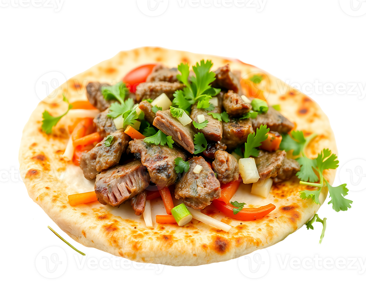 Delicious Beef Dish with Flatbread and Fresh Vegetables png