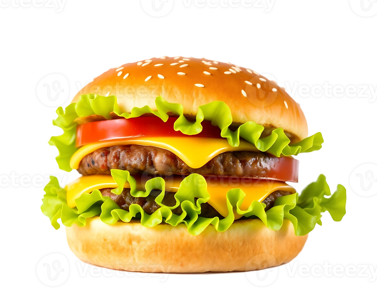 Delicious double cheeseburger with fresh vegetables and sesame bun png