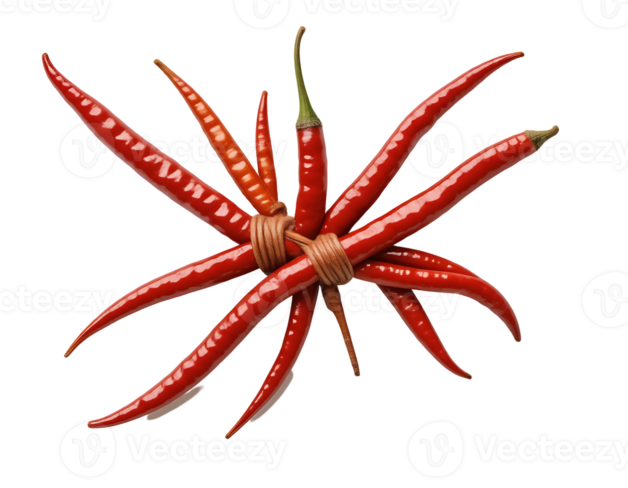 Bundle of fresh red chili peppers tied together with a string png