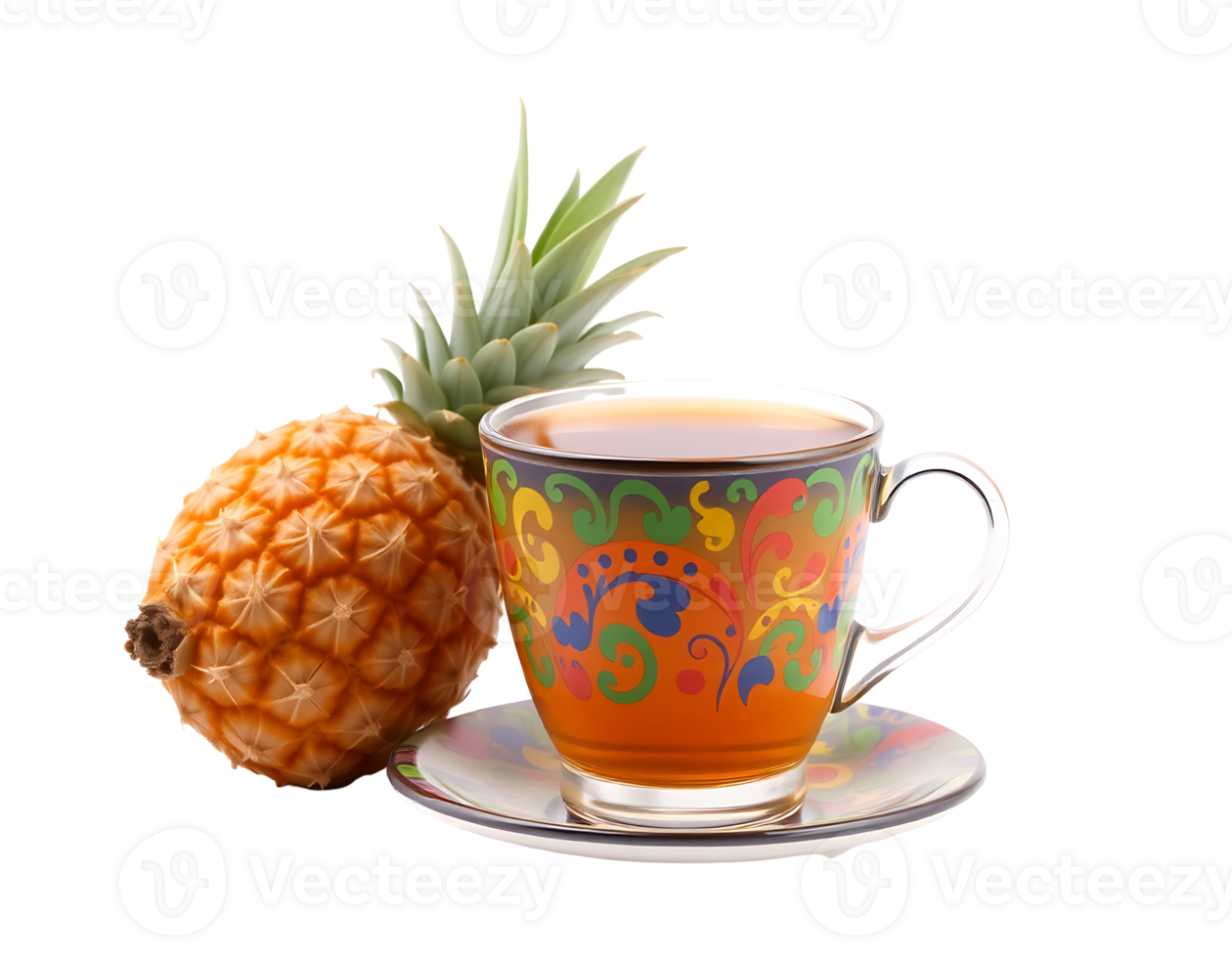Pineapple and Tea Cup with Floral Pattern png