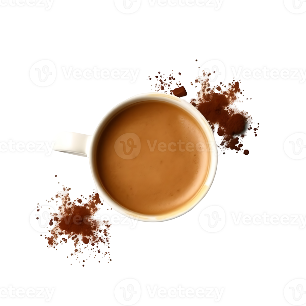 Coffee cup with scattered coffee grounds on a transparent background, top view. png