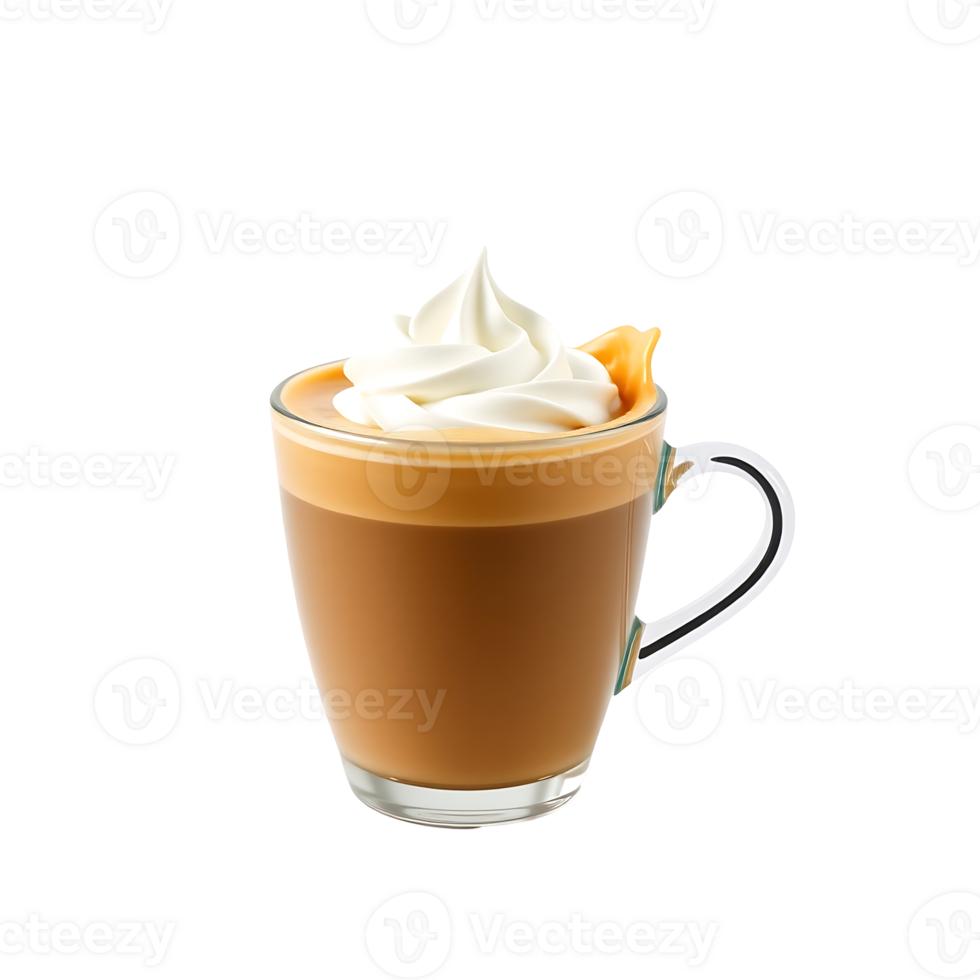 Delicious latte with whipped cream in a glass cup png