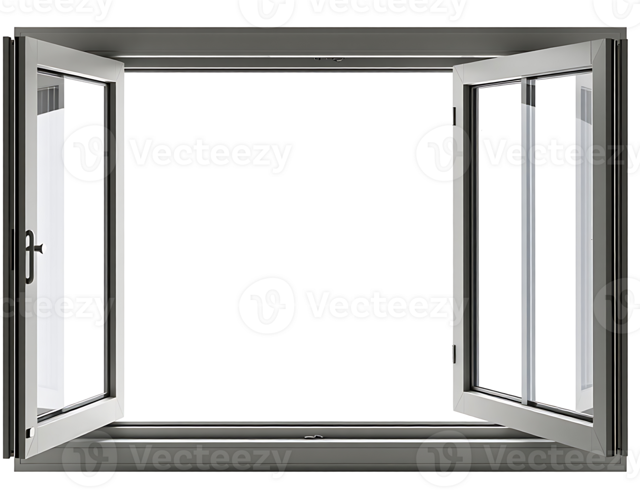 Open double window with silver frame and glass png