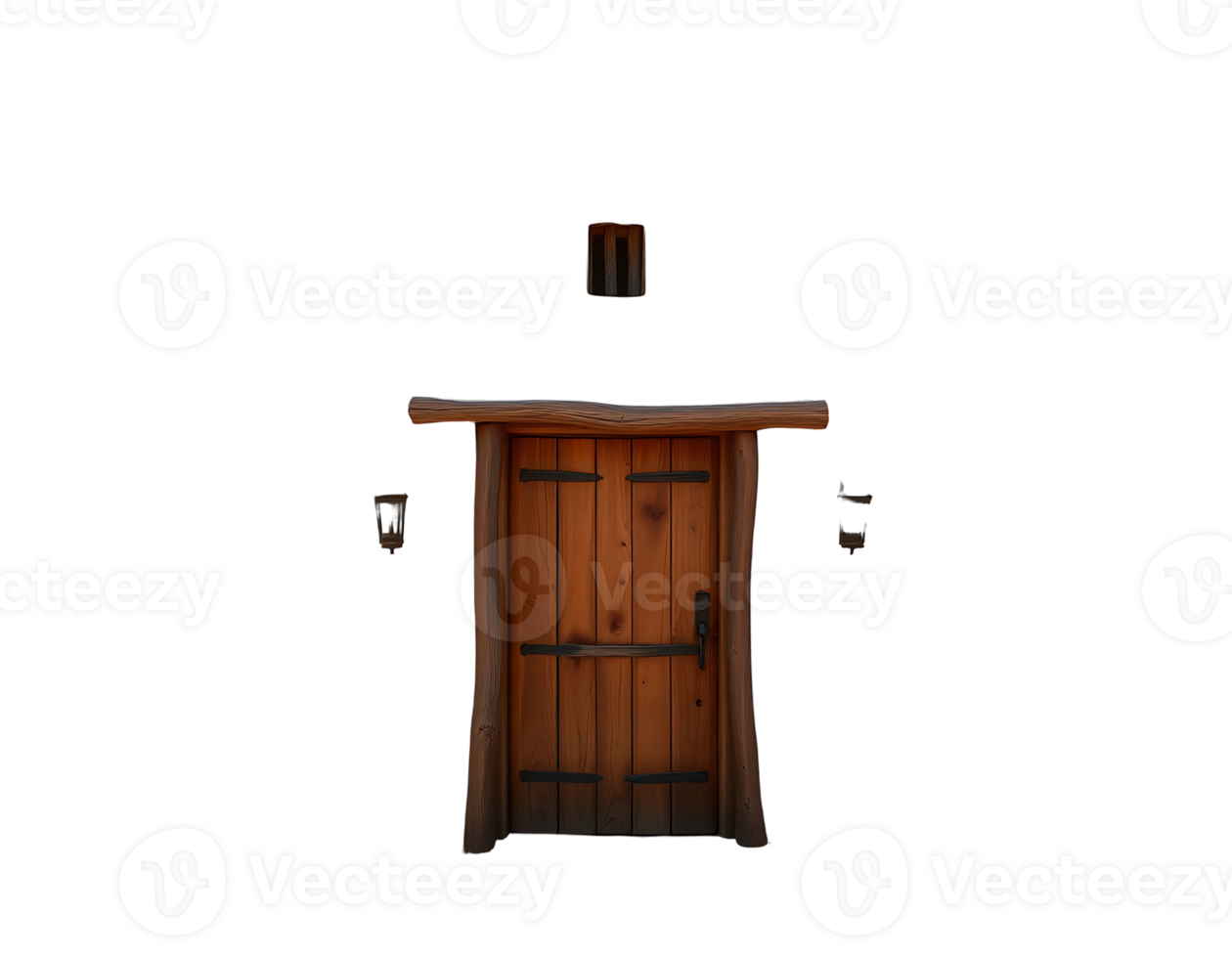 Rustic wooden door with vintage lighting fixtures on the wall. png