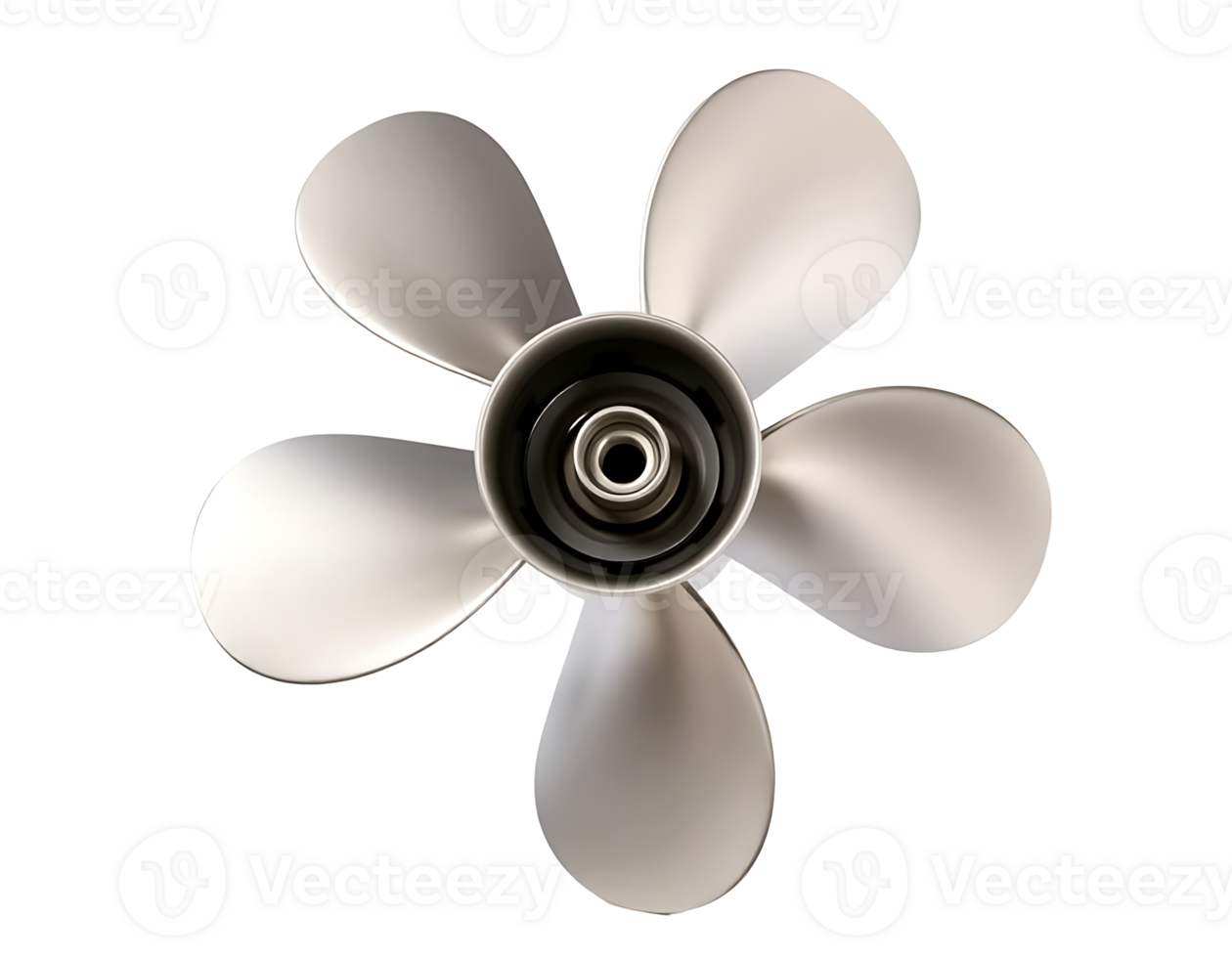 Close-up of a five-blade stainless steel propeller isolated against a transparent background png