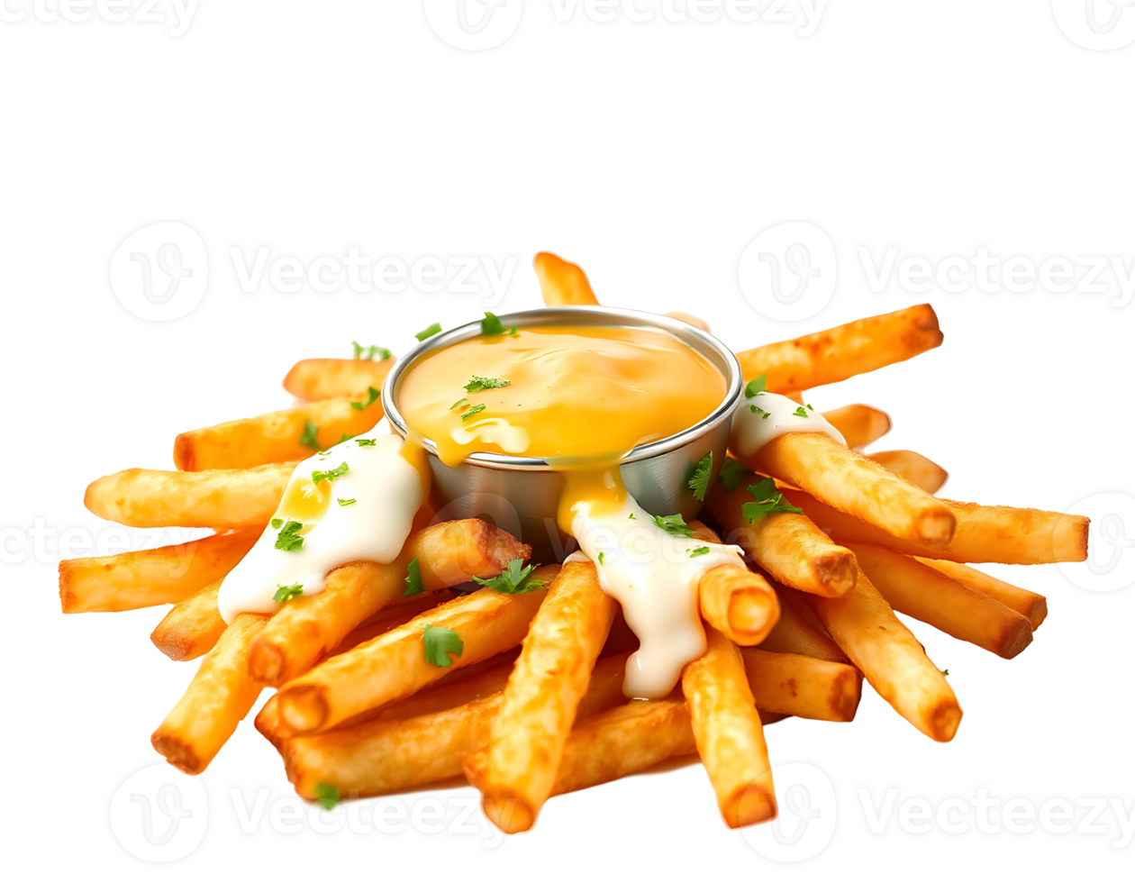 Golden Crispy French Fries with Cheese Sauce Dip png