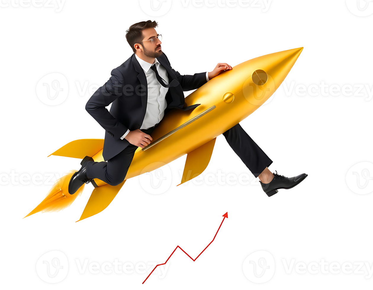 Business man riding on a golden rocket, signifying success and growth in the market. png