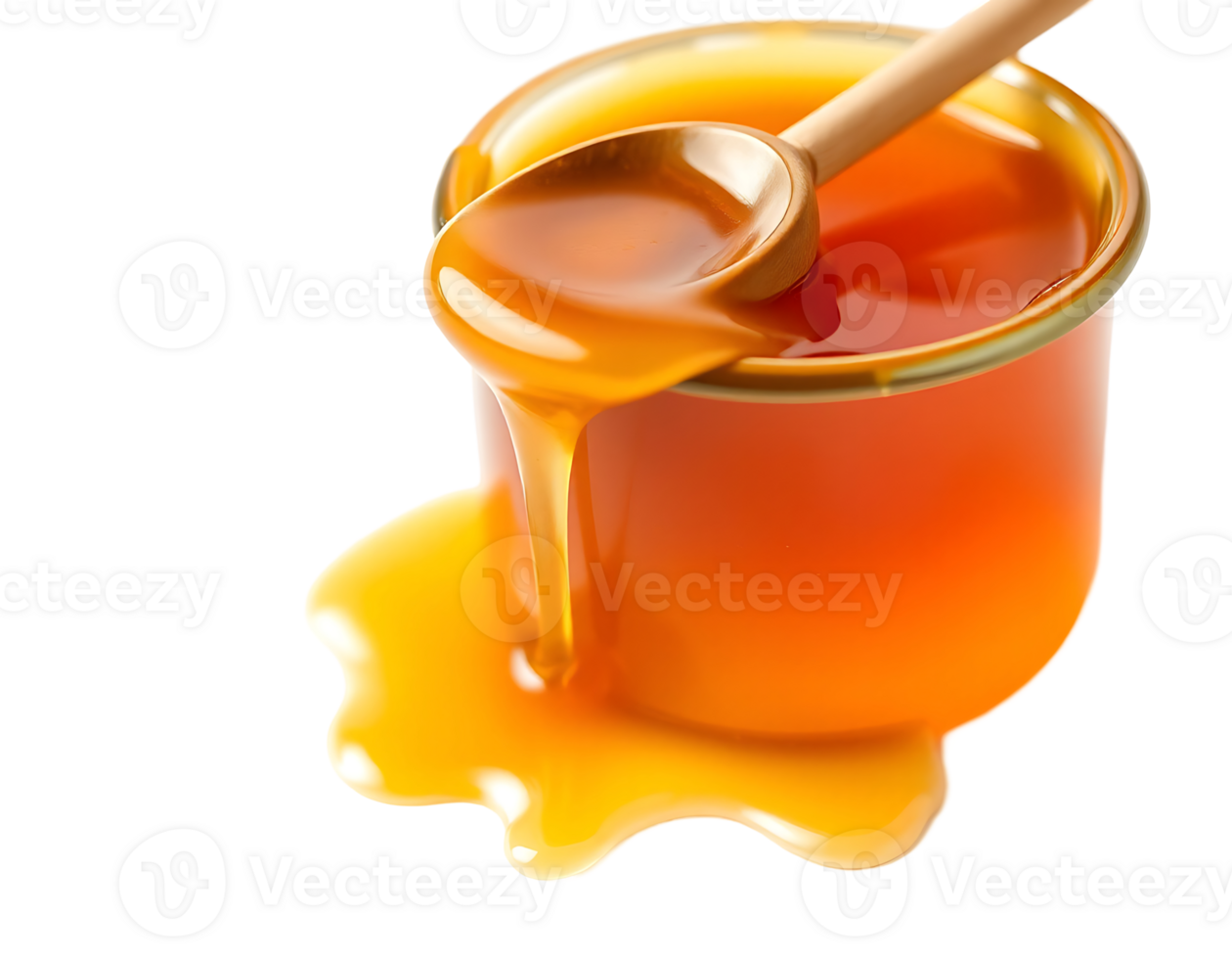 Honey Jar with Dripping Honey and a Wooden Spoon png