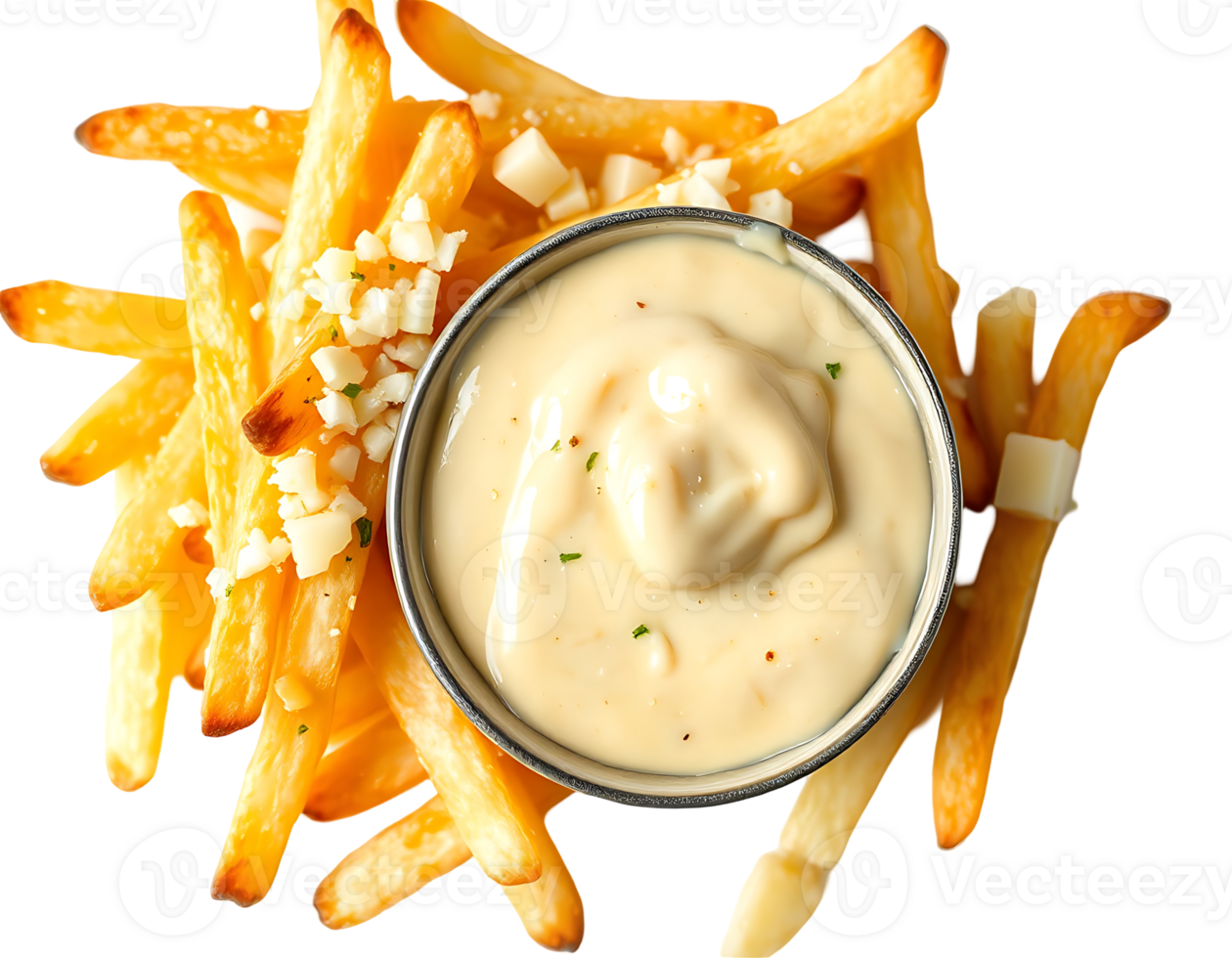 Delicious fries with cheese sauce and garlic png