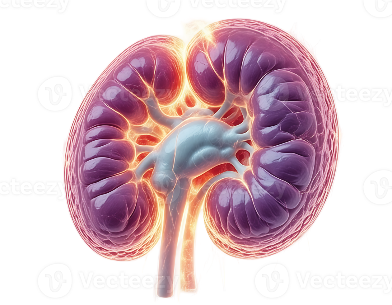 Anatomical illustration of a human kidney highlighting its internal structures and blood vessels png