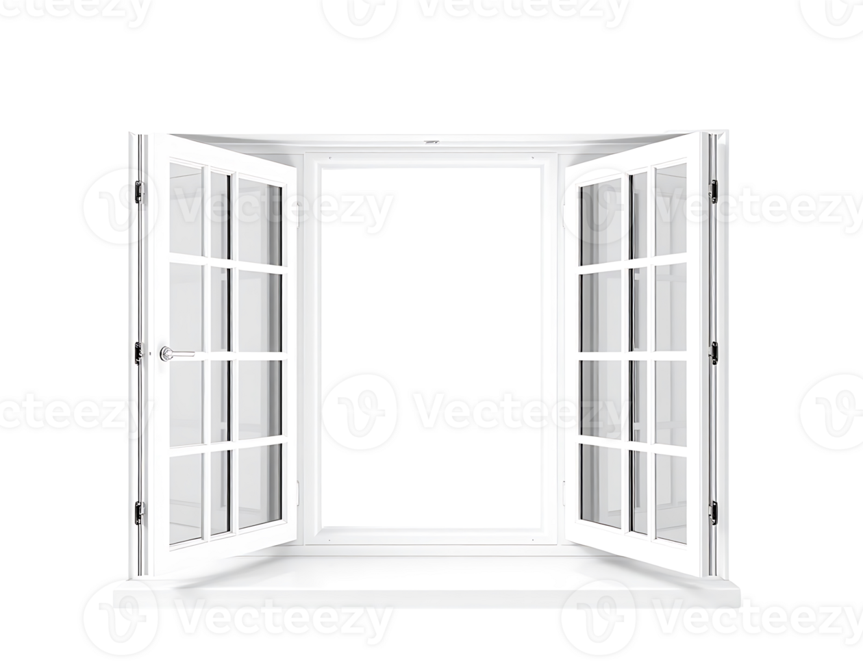 Open white window with glass panes and a sill on a transparent background. png