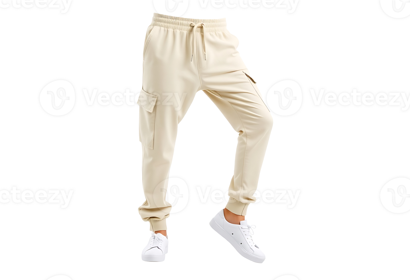 Beige cargo joggers with white sneakers on a transparent background png