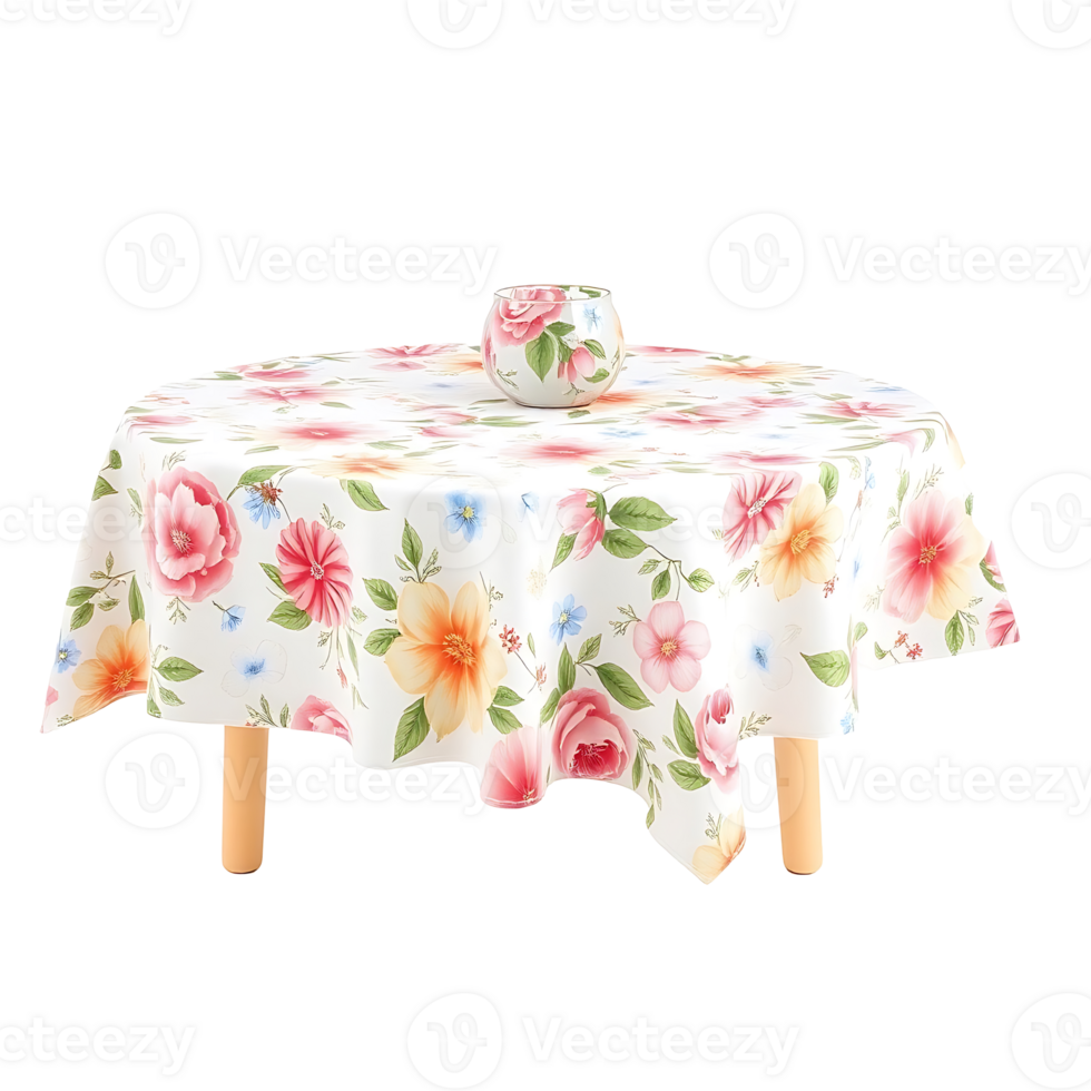 Round table with floral tablecloth and vase png