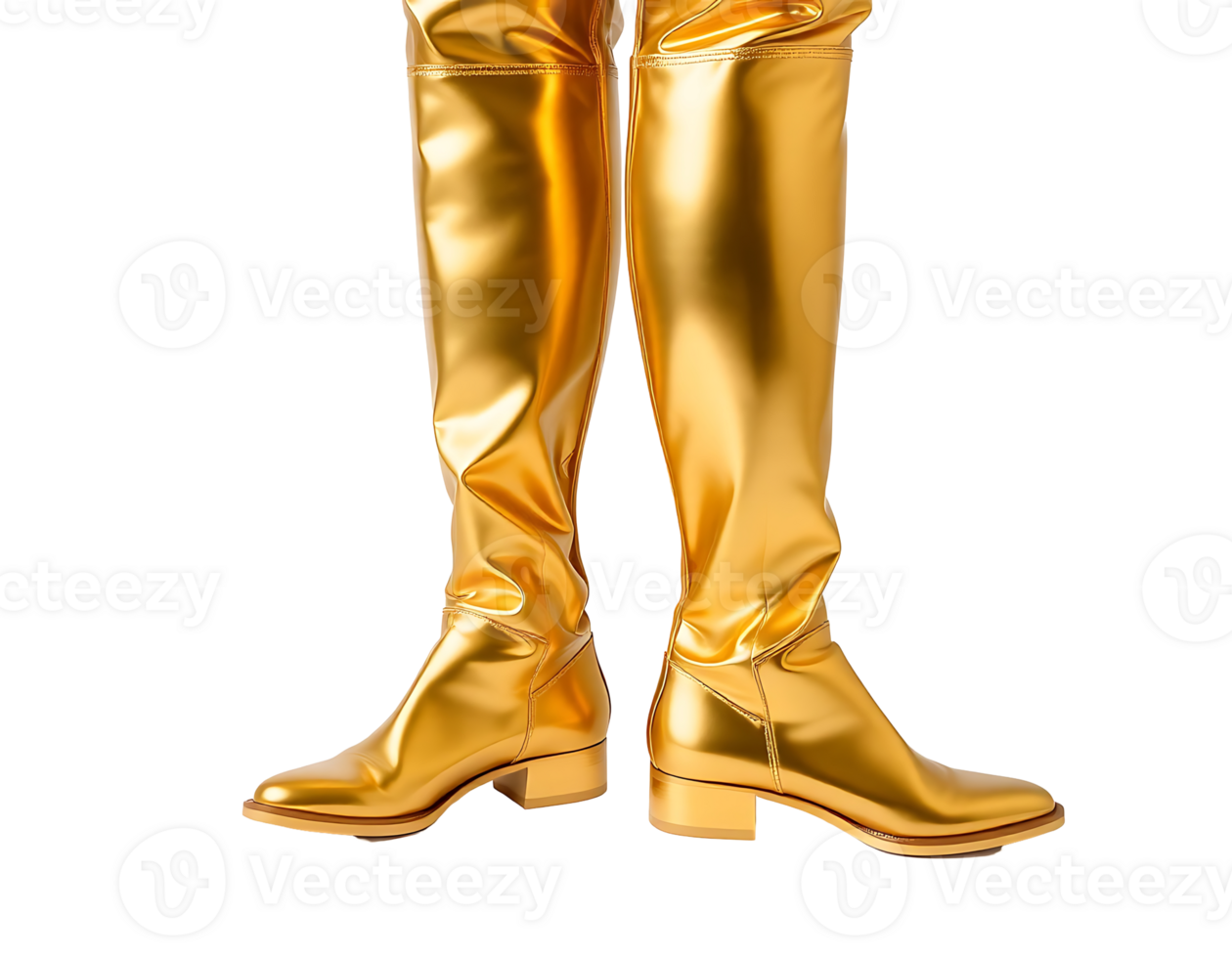Stunning pair of golden, thigh-high boots, perfect for making a bold fashion statement. png