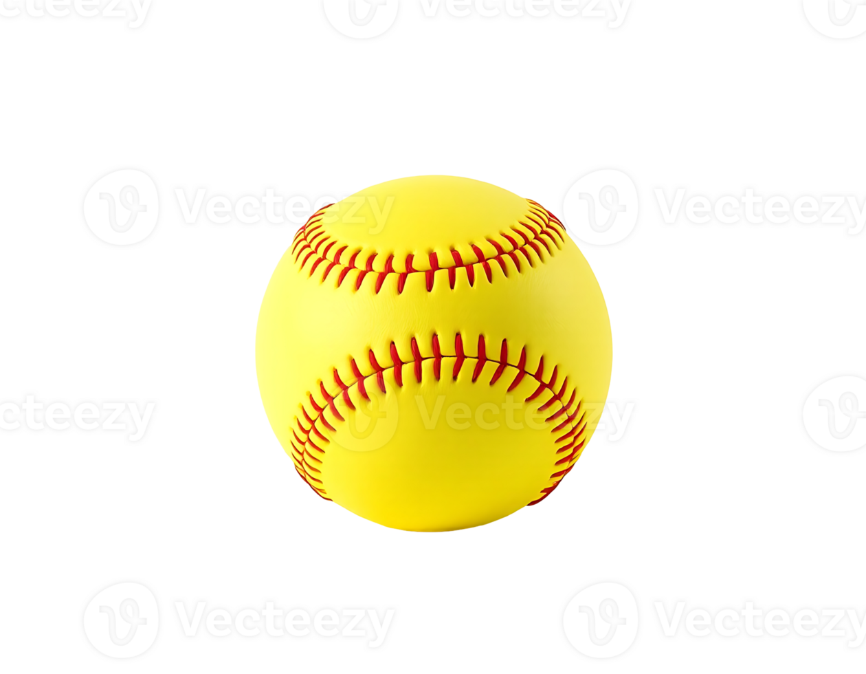 A close-up of a yellow softball with red stitching. png