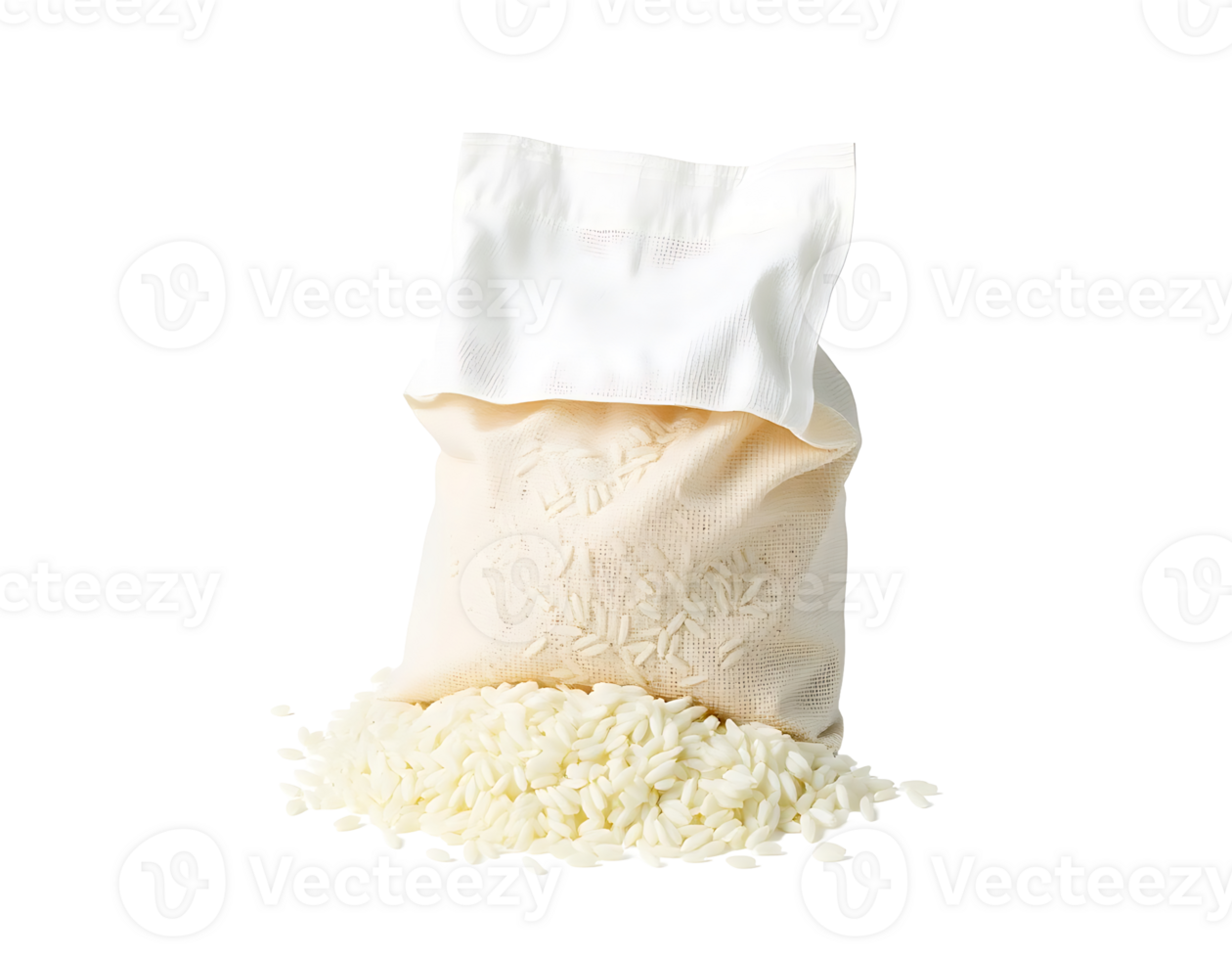 A bag of uncooked white rice spilling out onto a pile png