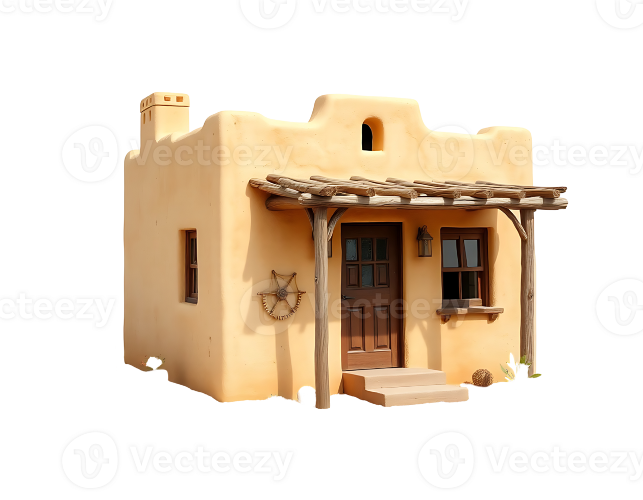 Southwest Style Adobe House with Wooden Porch png