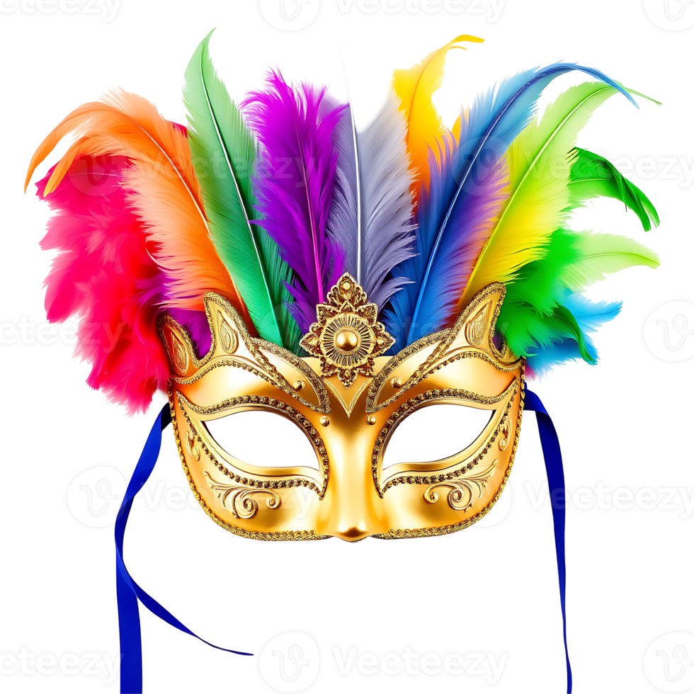 Golden Carnival Mask with Colorful Feathers png