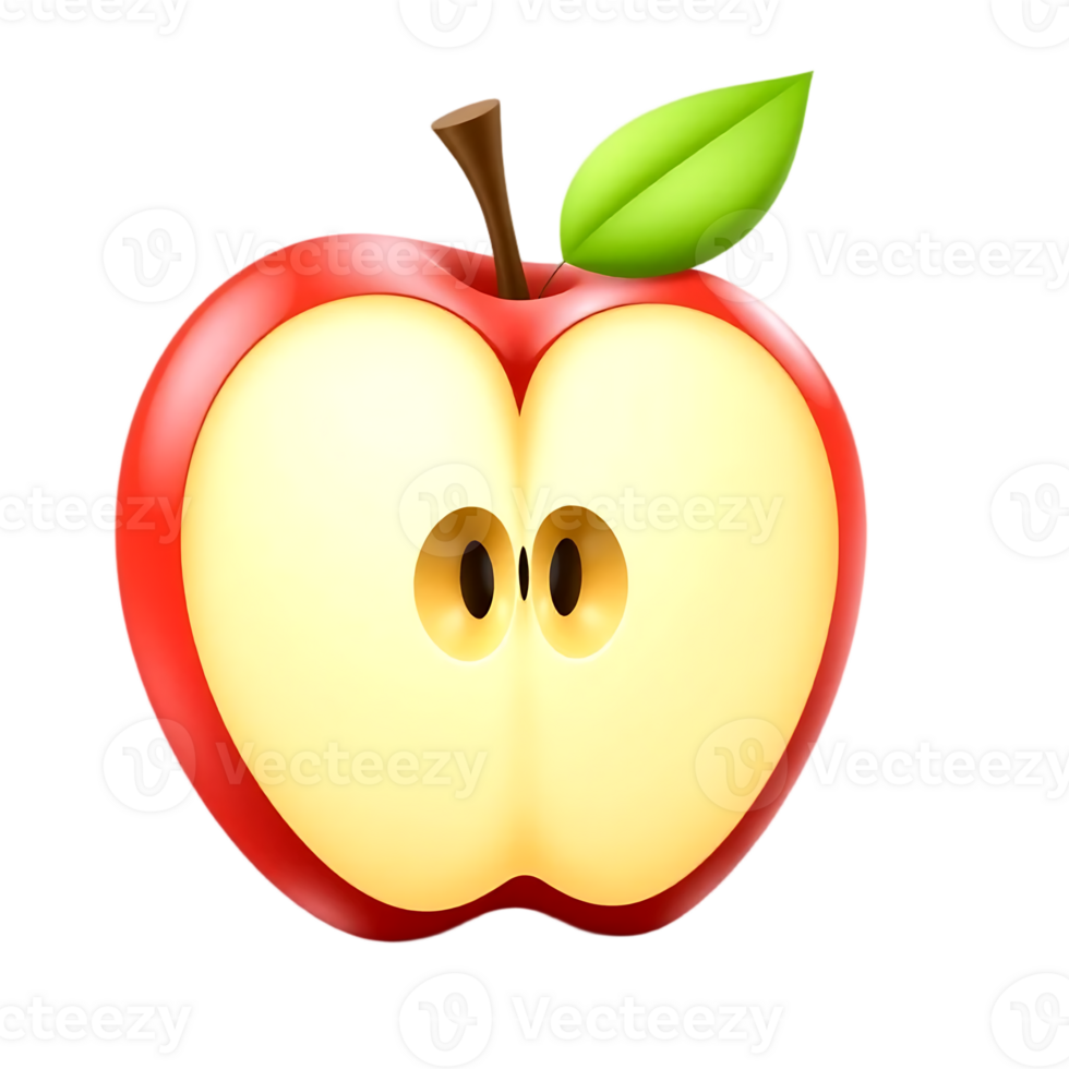 Realistic sliced red apple with a leaf, showing the core and seeds png