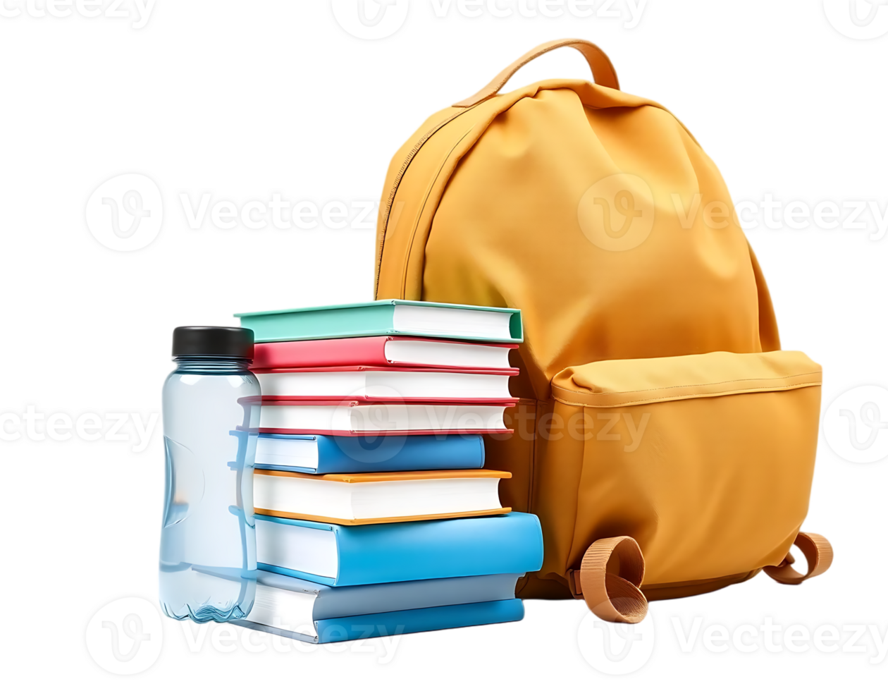 Backpack with school books and water bottle png