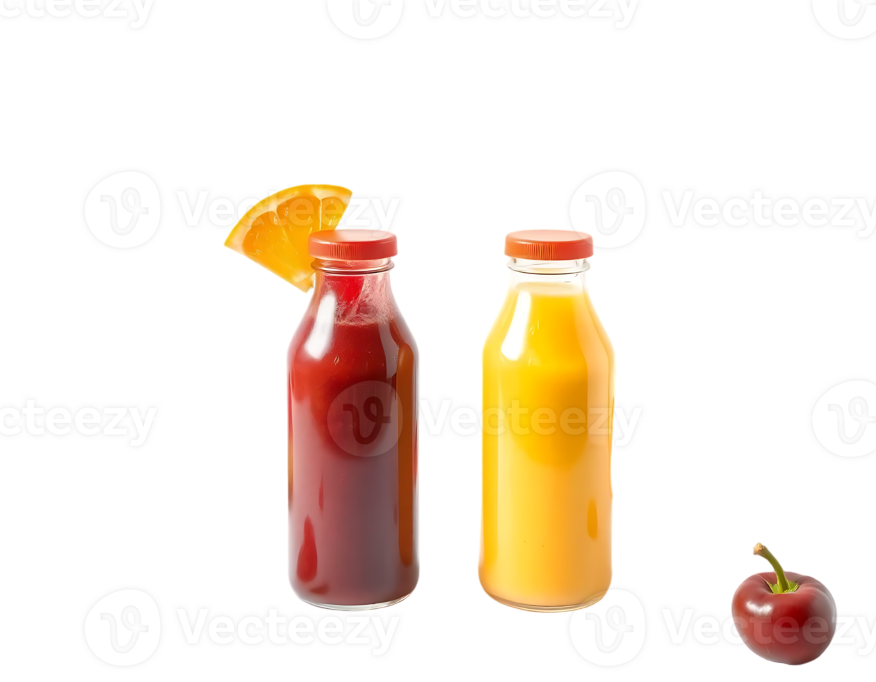 Juice bottles with orange slice and a red apple png