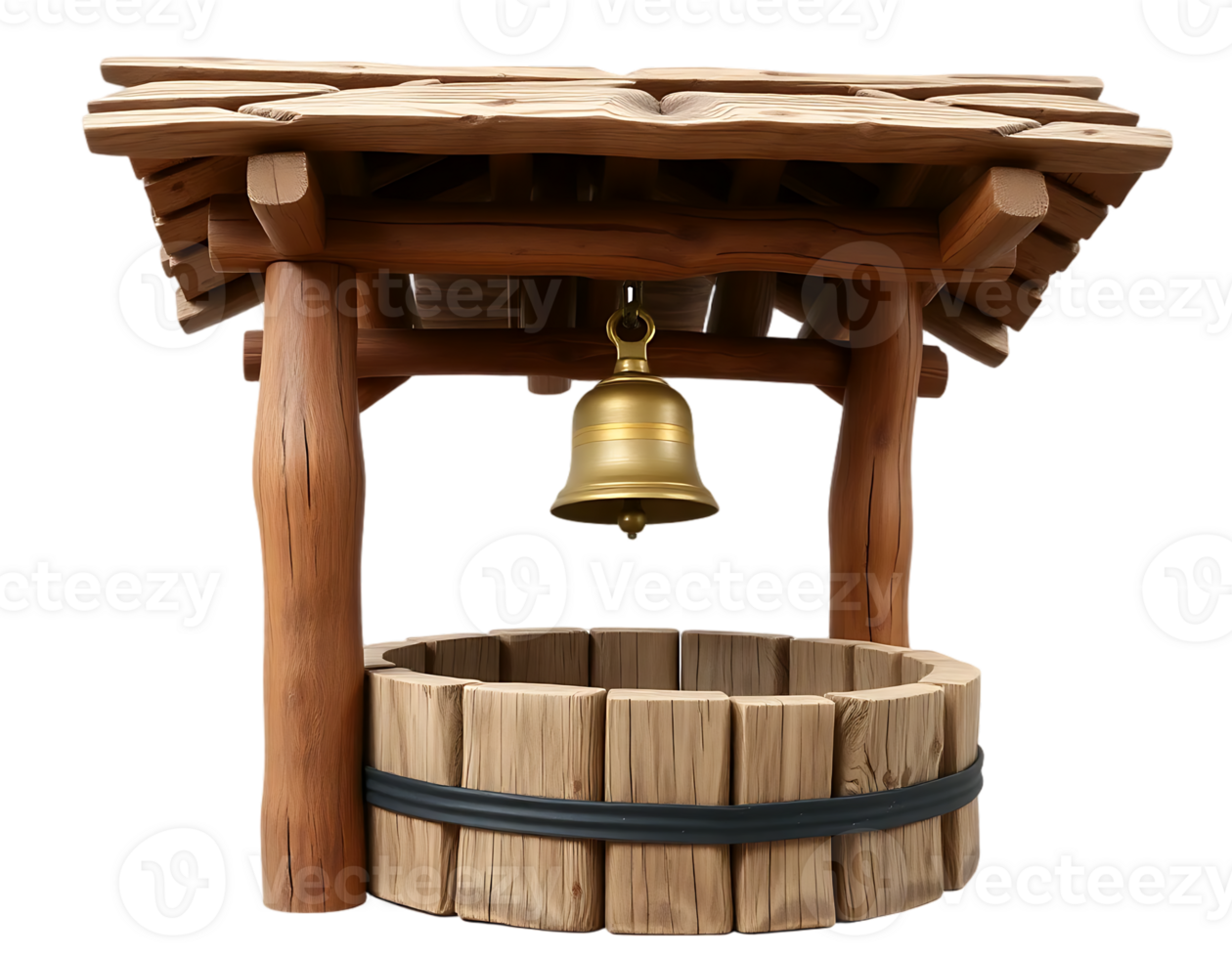 A rustic wooden well with a bell, evoking a vintage and traditional feel. png