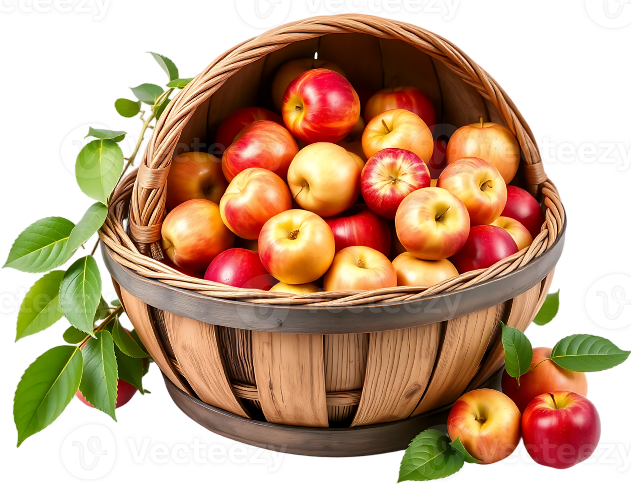 A basket filled with fresh, red and yellow apples, ready for harvest in autumn. png