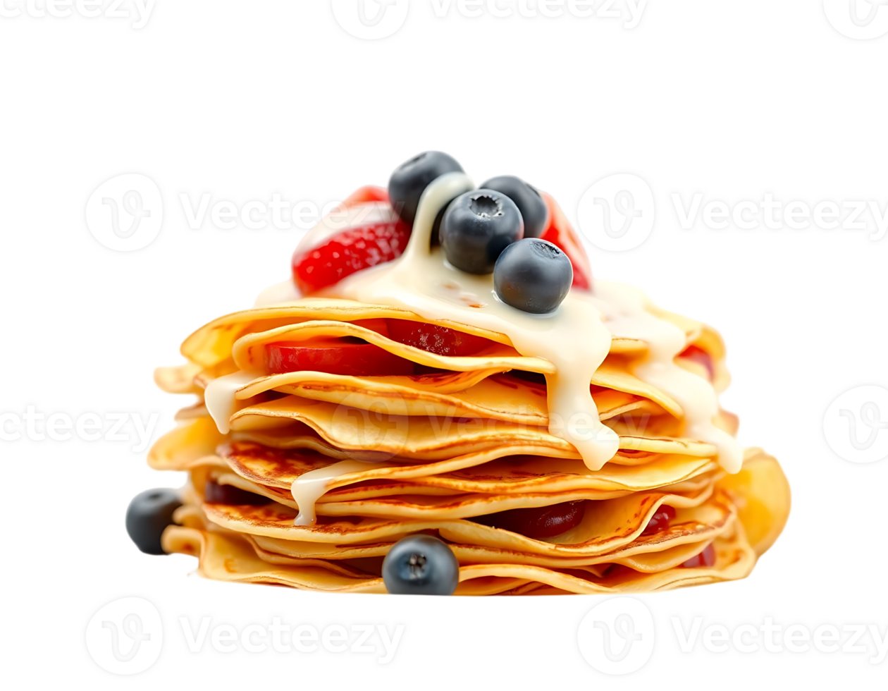 Delicious stack of pancakes with berries and syrup png