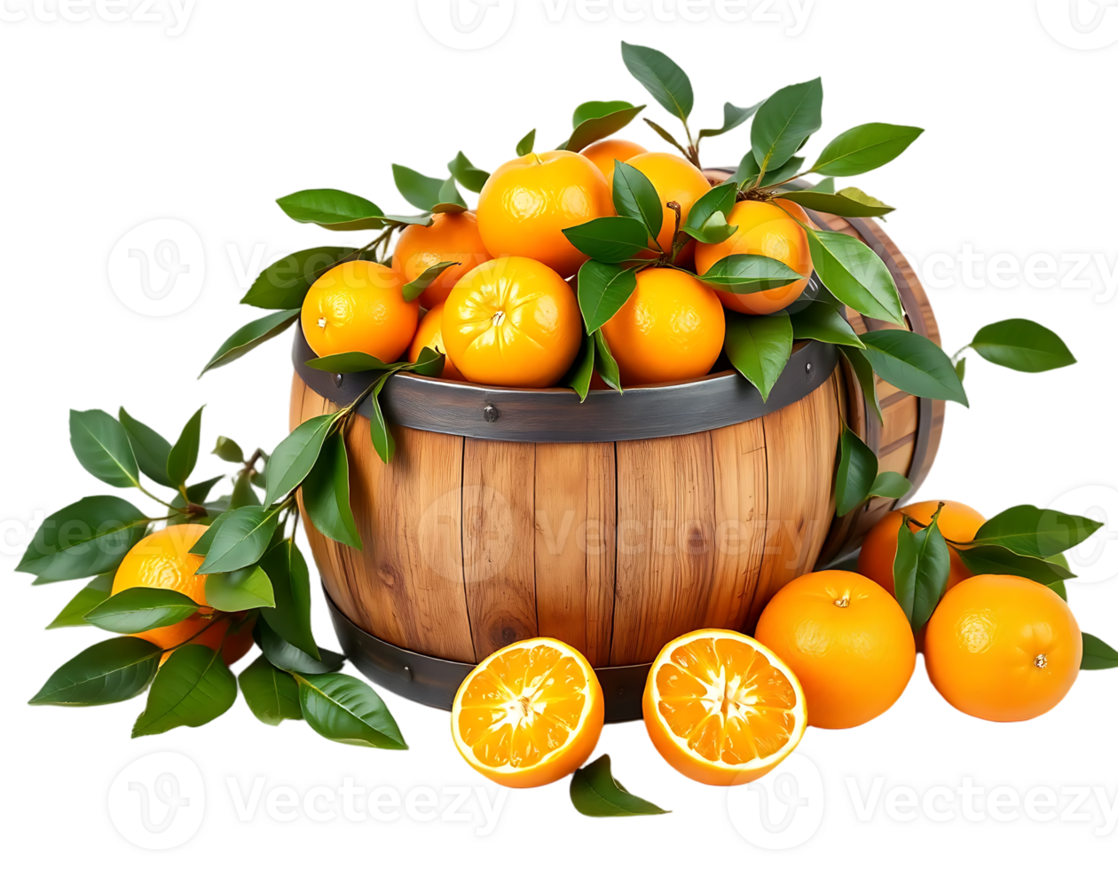 A barrel overflowing with fresh, ripe oranges and vibrant green leaves png