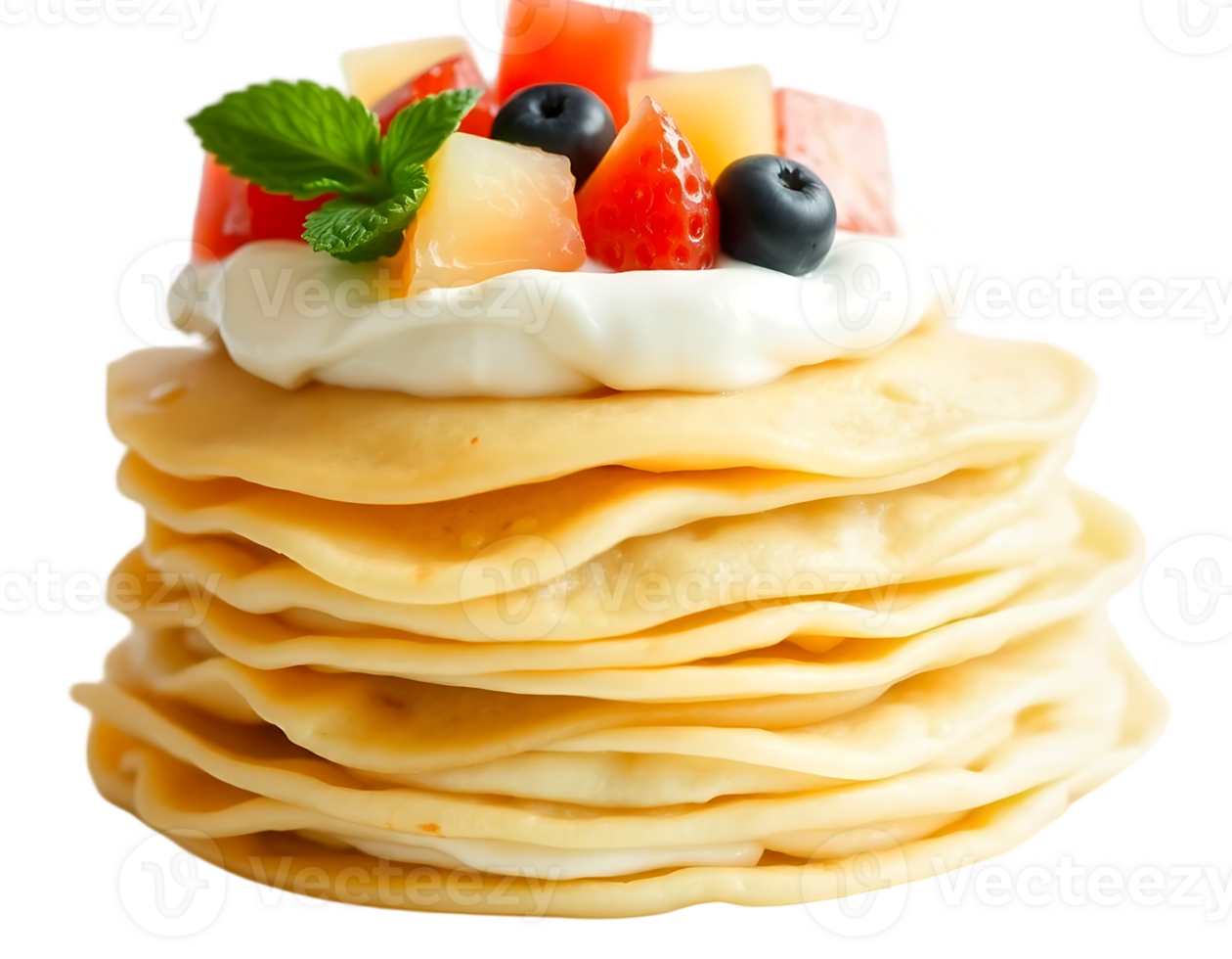 Stack of pancakes with fruit and whipped cream png