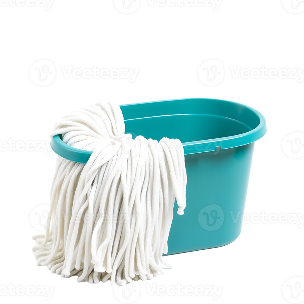 A teal bucket with a white mop inside png