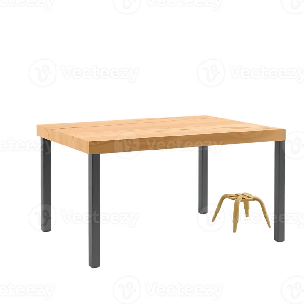 Wooden table with metal legs and a small stool png