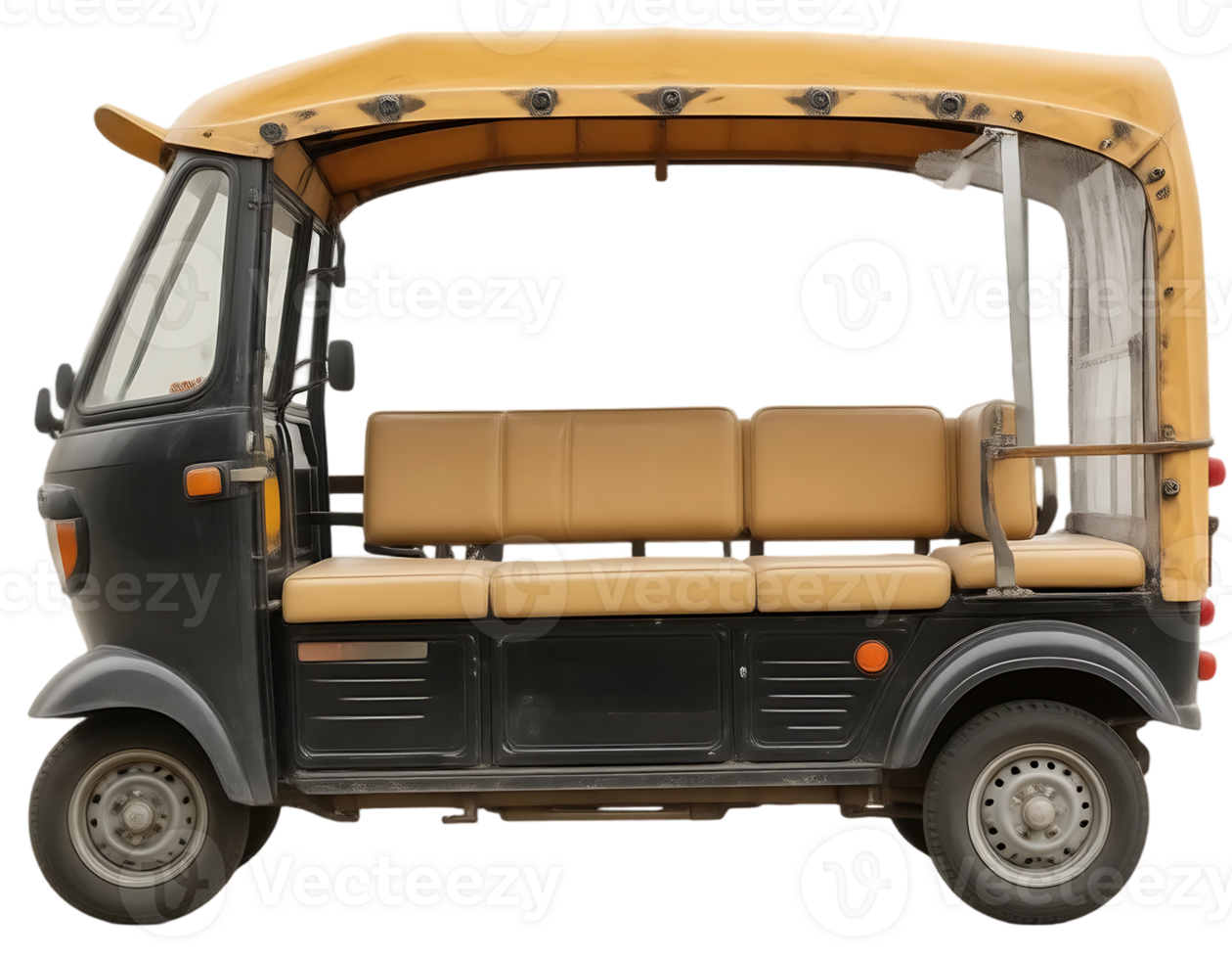 Side view of a yellow and black tuk-tuk taxi. png