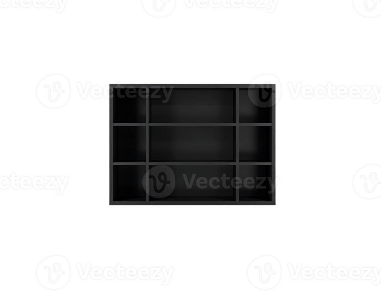 Black shelf with multiple compartments for storage and display png