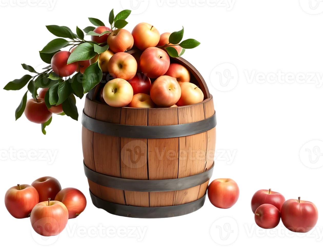 Apples in a Wooden Barrel with Green Leaves png