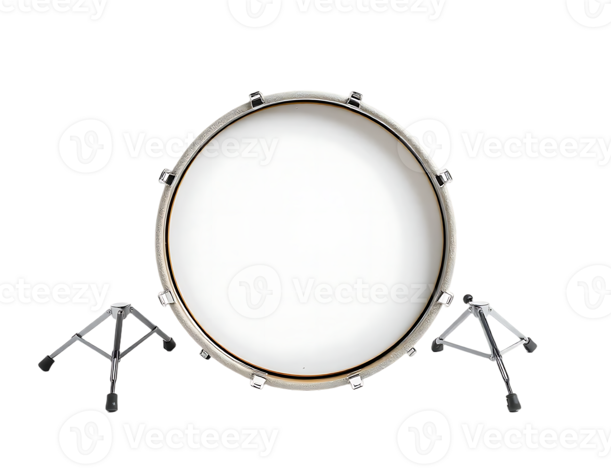 A top-down view of a white drum kit isolated in a studio setting. png
