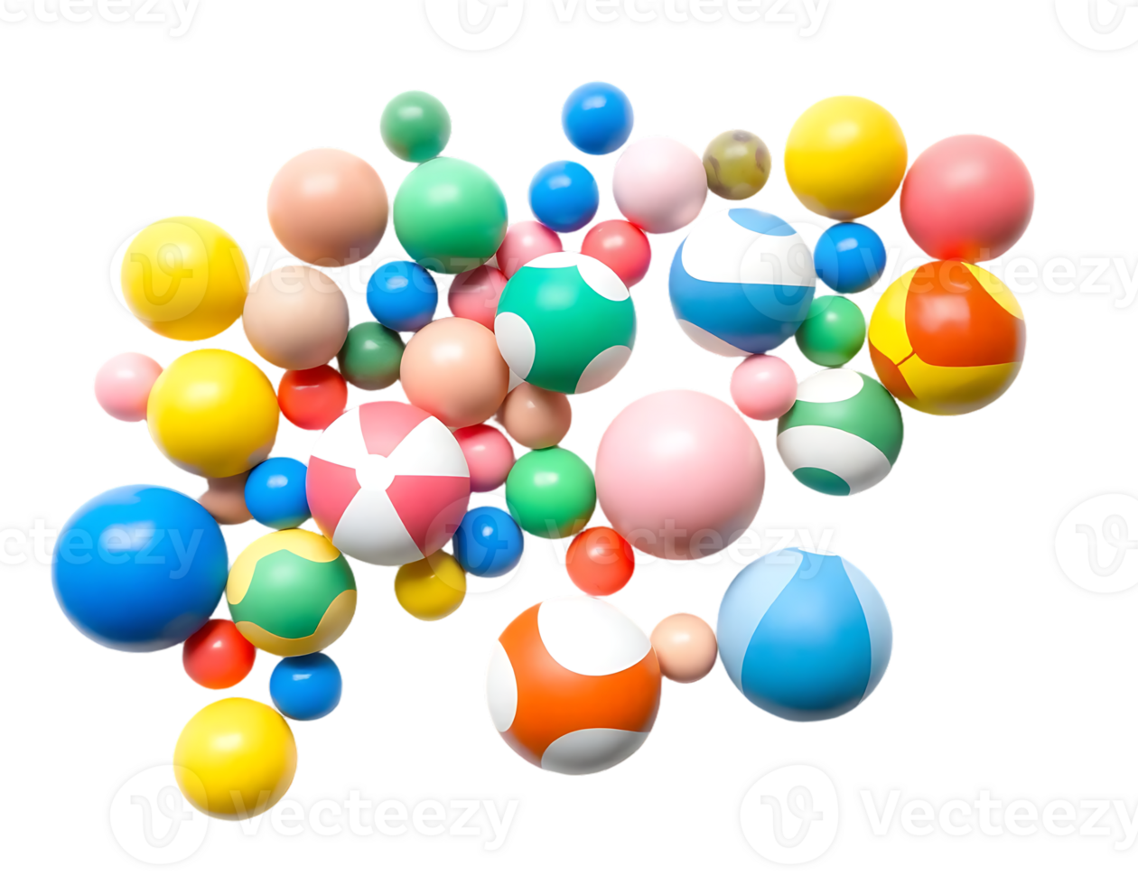 Colorful floating balls with various patterns and textures. png