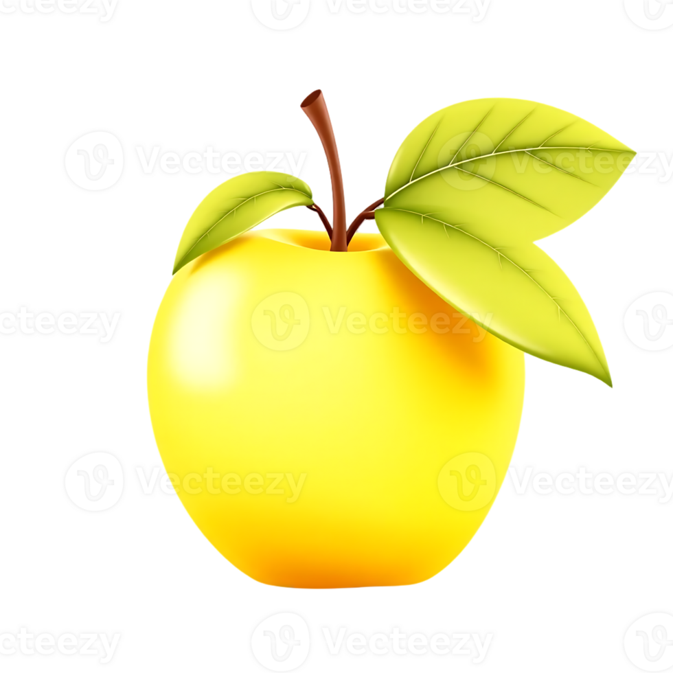 Vibrant Yellow Apple with Leaves - 3D Render png