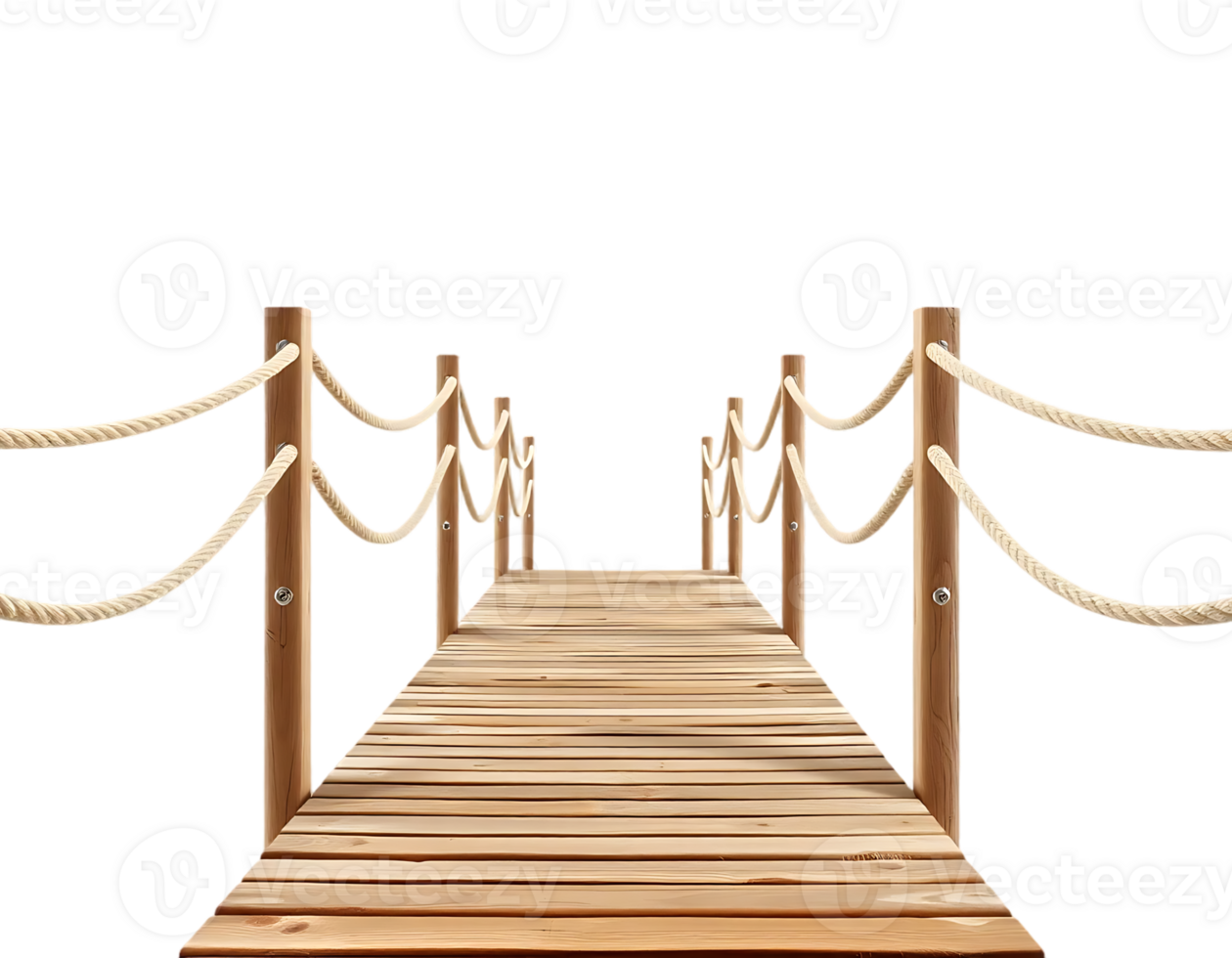 Wooden bridge over the water with rope railings. png