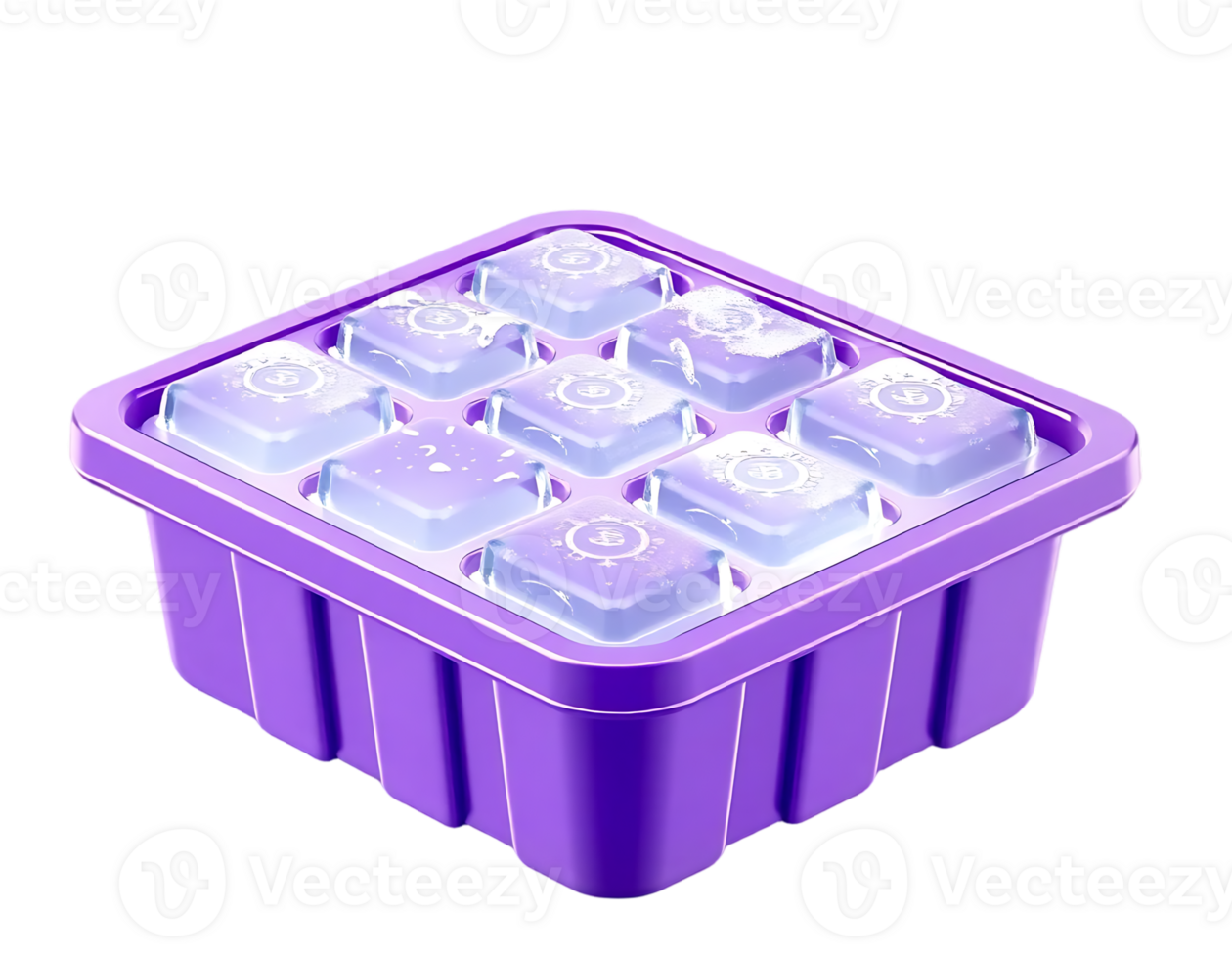 Purple ice cube tray with transparent ice cubes png