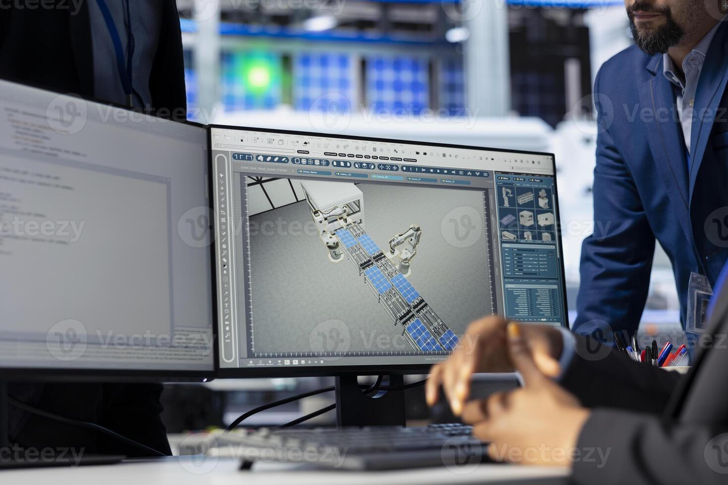 Solar panel manufacturing plant manager checking progress done by technician programming industrial systems developing tools to track and improve equipment performance, close up photo