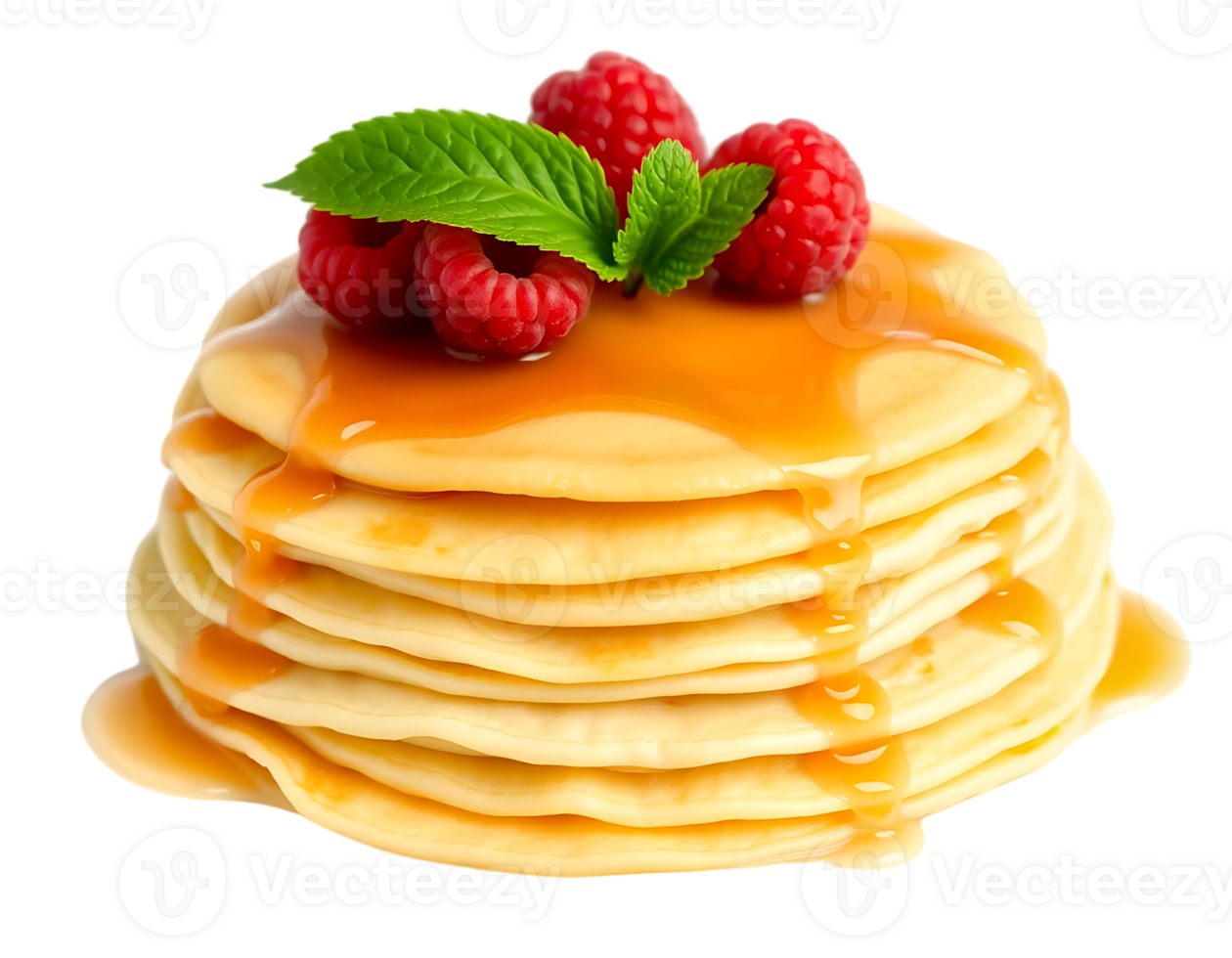 Stack of Pancakes with Raspberries, Mint, and Syrup png