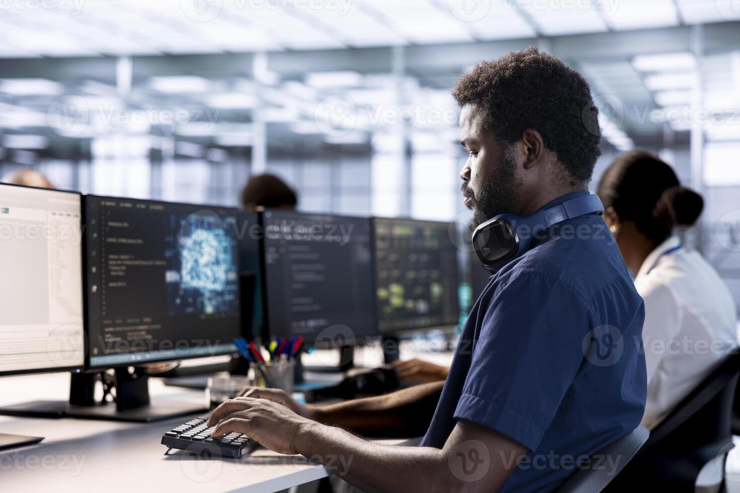 Artificial intelligence engineer in data center checks for performance issues arising due to high CPU usage. Machine learning expert in server farm fixing insufficient memory errors slowing hardware photo