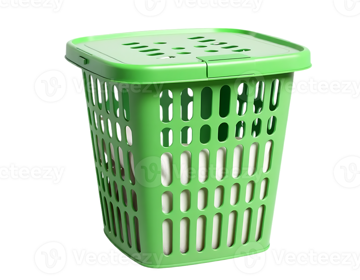 Green plastic laundry basket with lid on a transparent background png